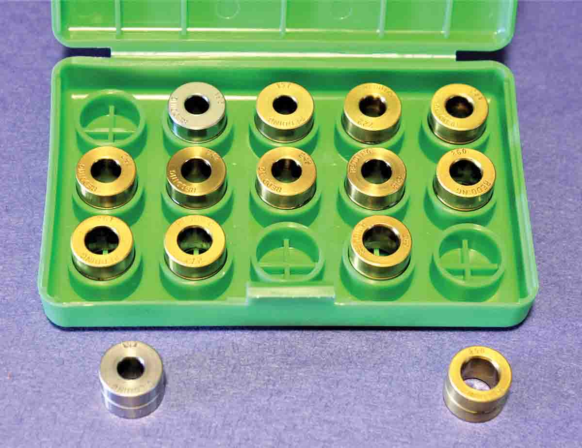 Over the years, John has collected a wide variety of Redding bushings, so he is able to use just the right diameter bushing for a certain batch of brass. These are for .17-, .20- and .22-caliber cases.